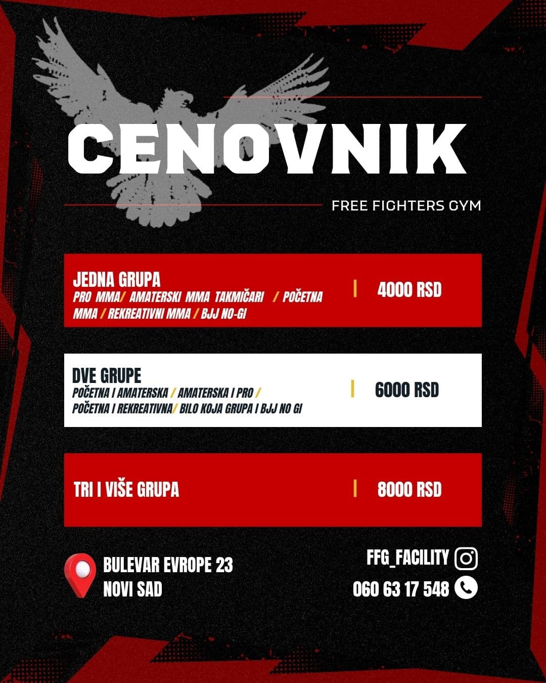 Cenovnik MMA treninga Novi Sad, Free Fighters Gym